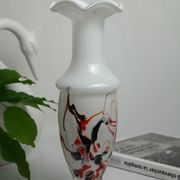 Corolla vase in white opaline with orange-brown patterns.