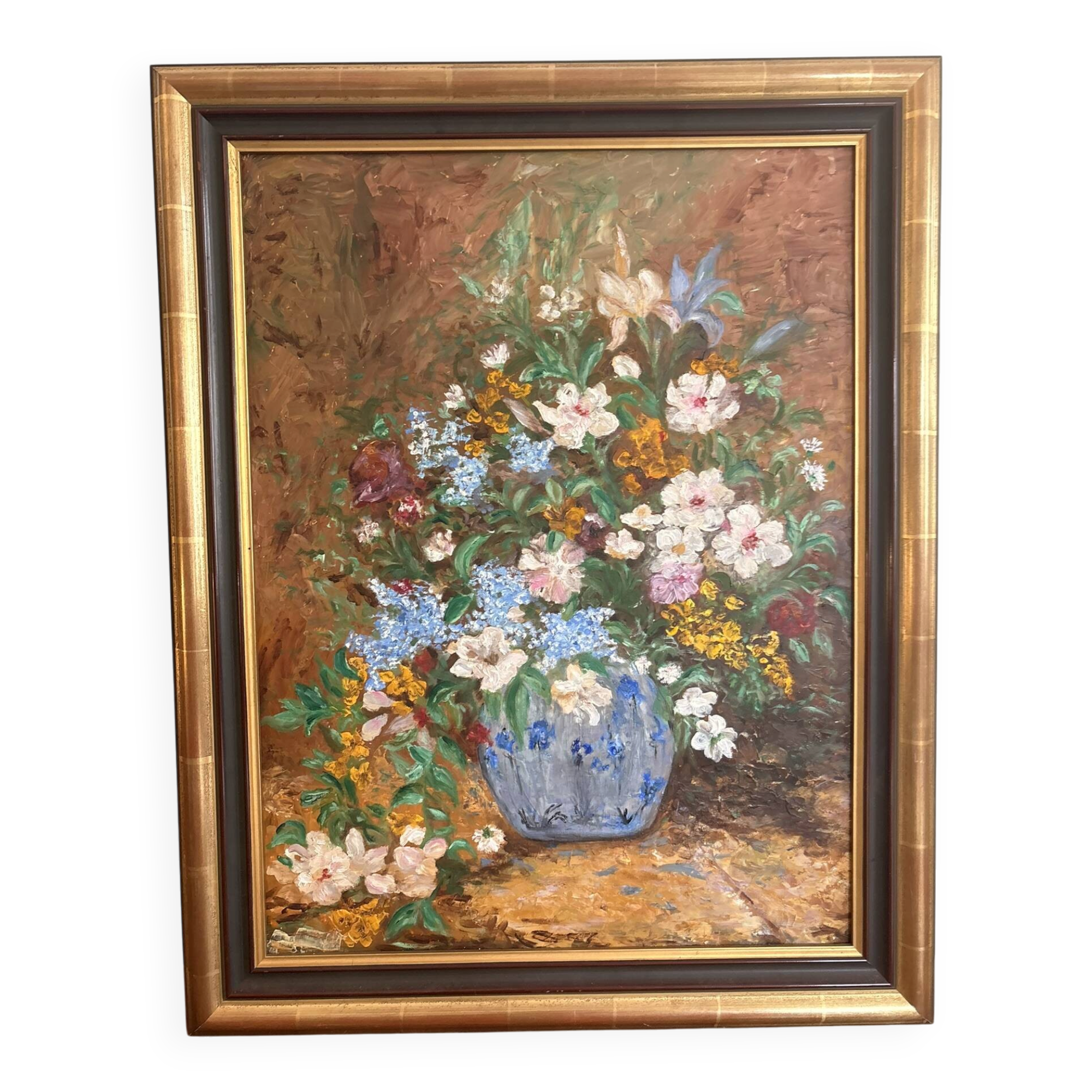 Oil Panel Bouquet Flowers Vase Blue Signed Framed Still Life