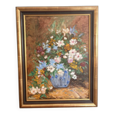 Huile Panneau Bouquet Fleurs Vase Bleu Signé Encadré Nature Morte