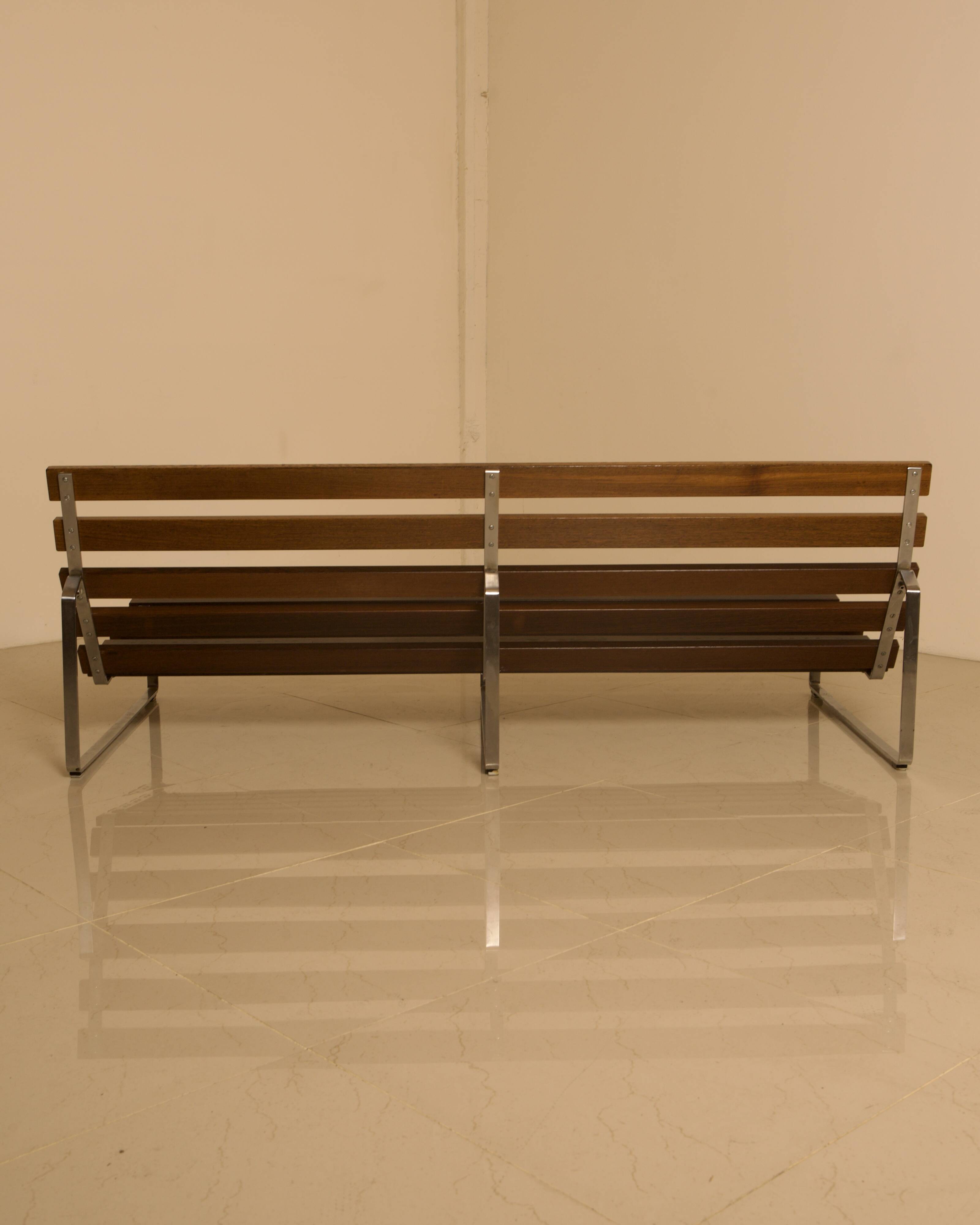 Unique Dutch bench in black leather with a steel and wenge structure from the 60s.