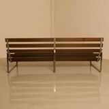 Unique Dutch bench in black leather with a steel and wenge structure from the 60s.