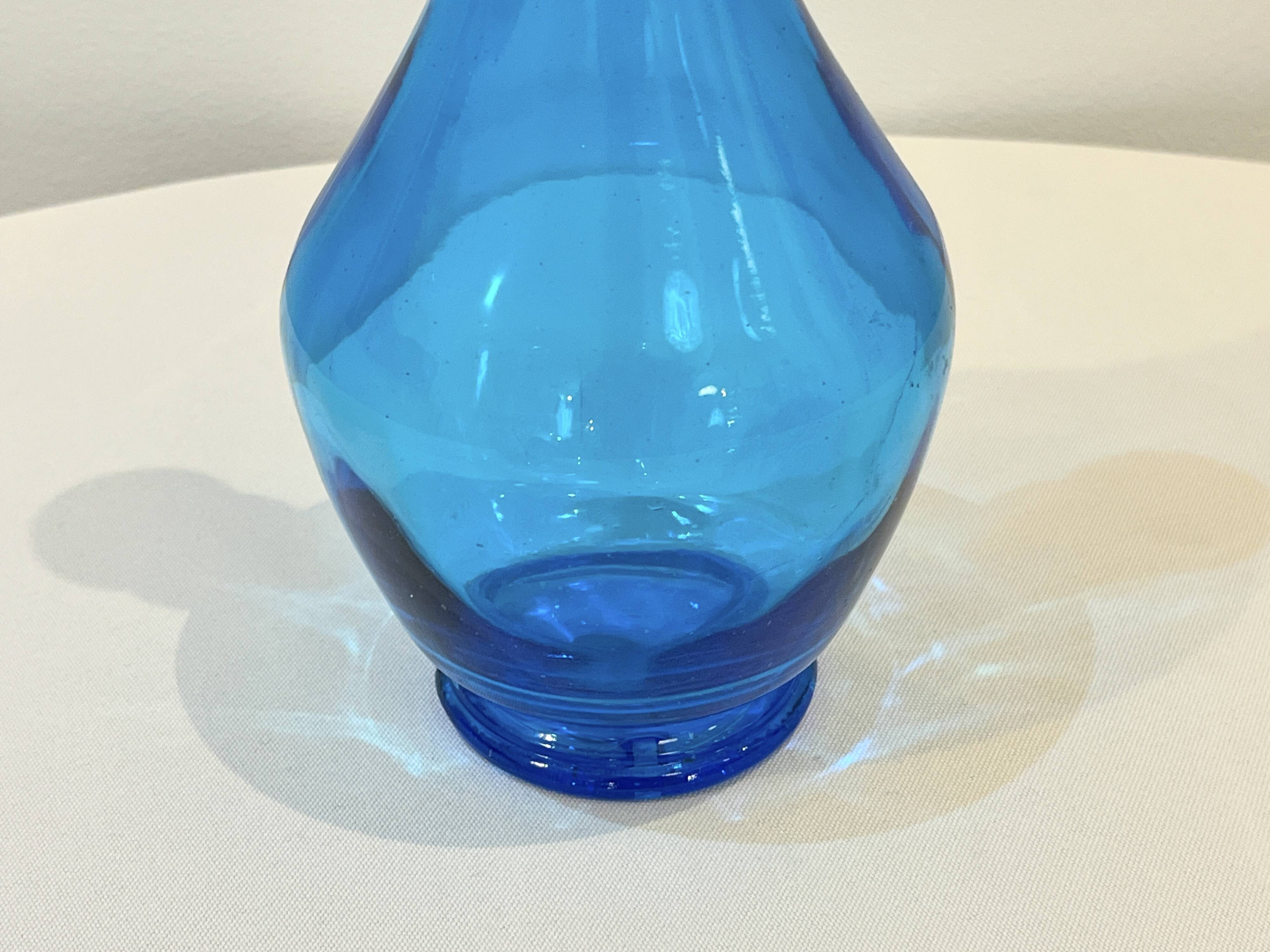 Vintage blue glass bottle Carafe with stopper Made in Belgium
