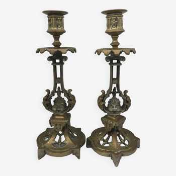 Pair of candlesticks in bronze with openwork decoration of shells and leaves xixth