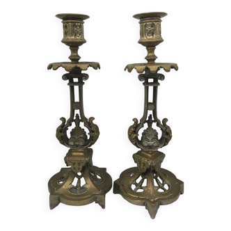 Pair of candlesticks in bronze with openwork decoration of shells and leaves xixth