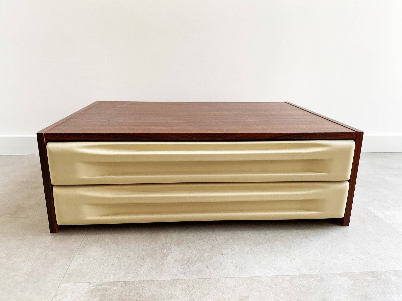 Mid Century rosewood cabinet with 2 beige plastic drawers