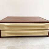 Mid Century rosewood cabinet with 2 beige plastic drawers
