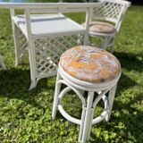 Vintage White Rattan/Bamboo Garden Furniture Set with 2 Chairs and a Stool