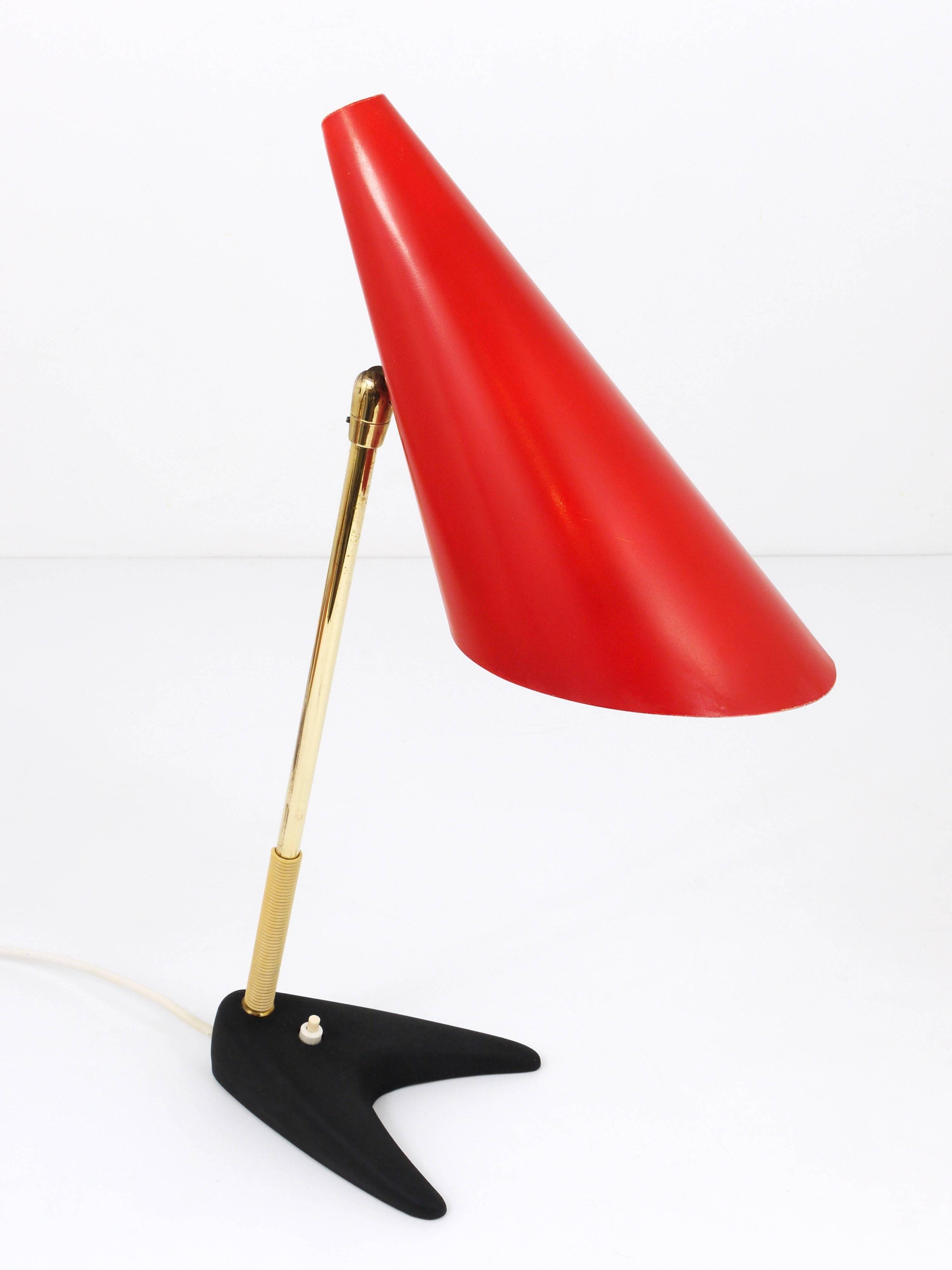 Red brass table lamp in the style of J.T. Kalmar, mid-century, Vienna, Austria, 1950s.