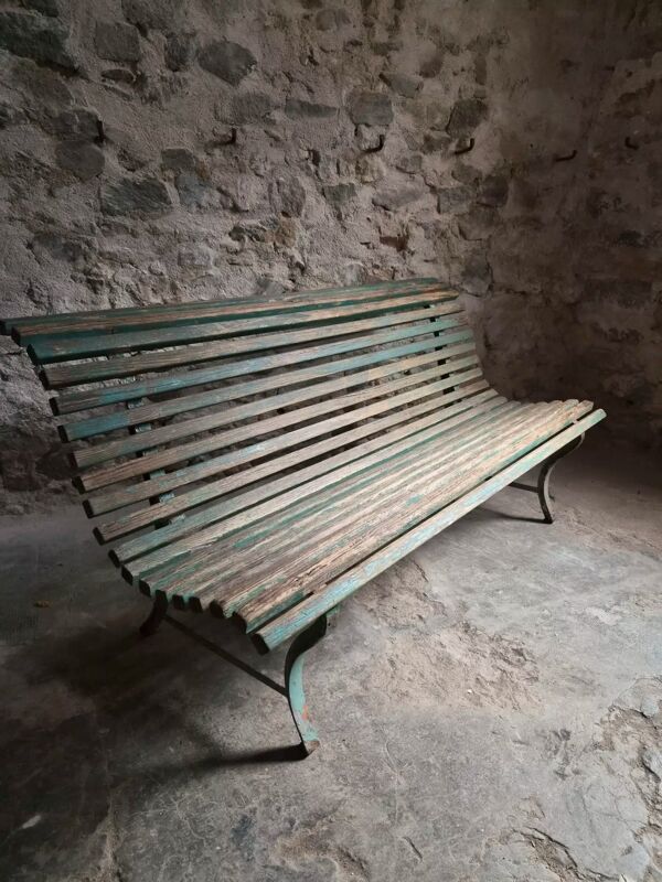 Banc de jardin français en bois et fer, années 1950