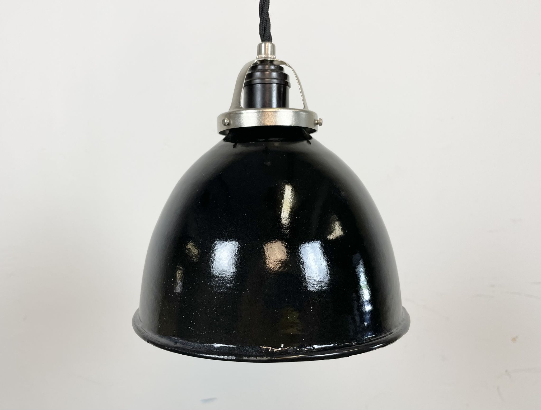 Industrial black enamel pendant lamp, 1950s