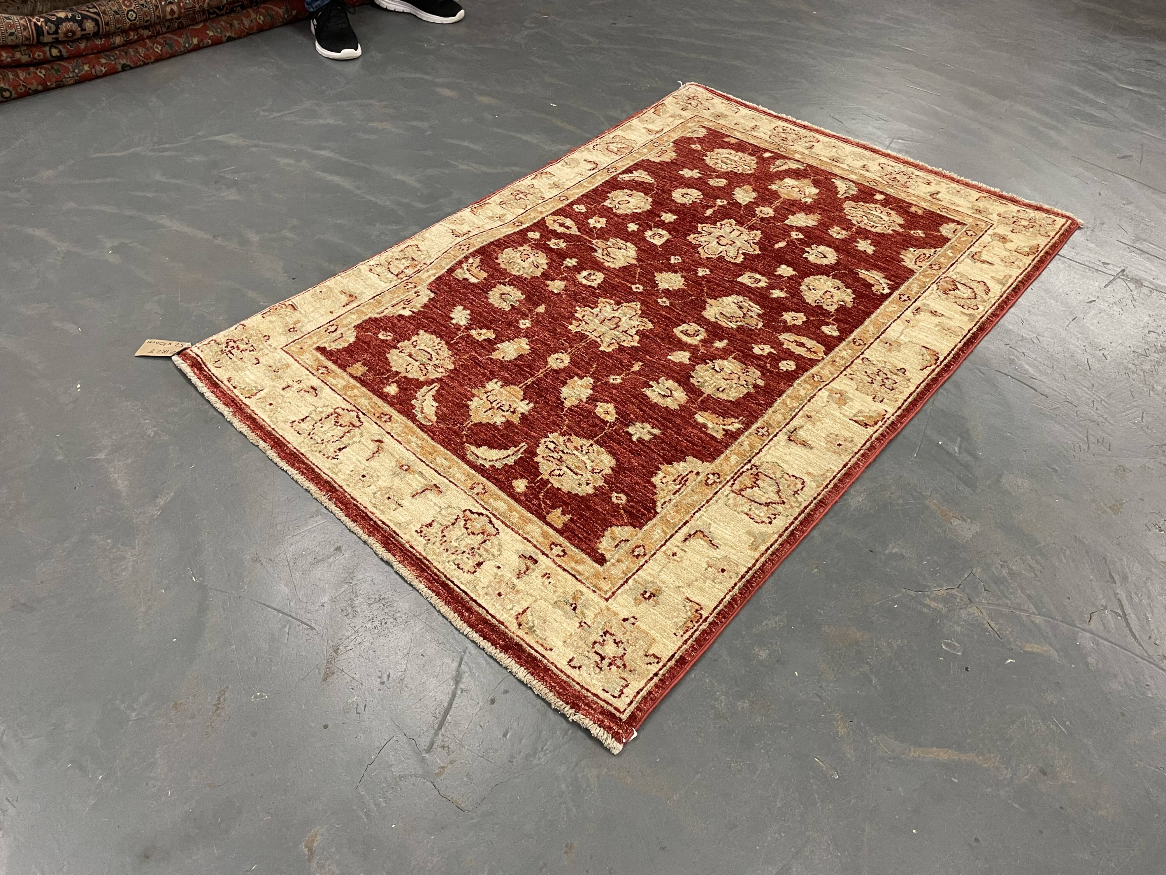Handmade Wool Red Rug, Floral Oriental Carpet for Living Room 152x100cm
