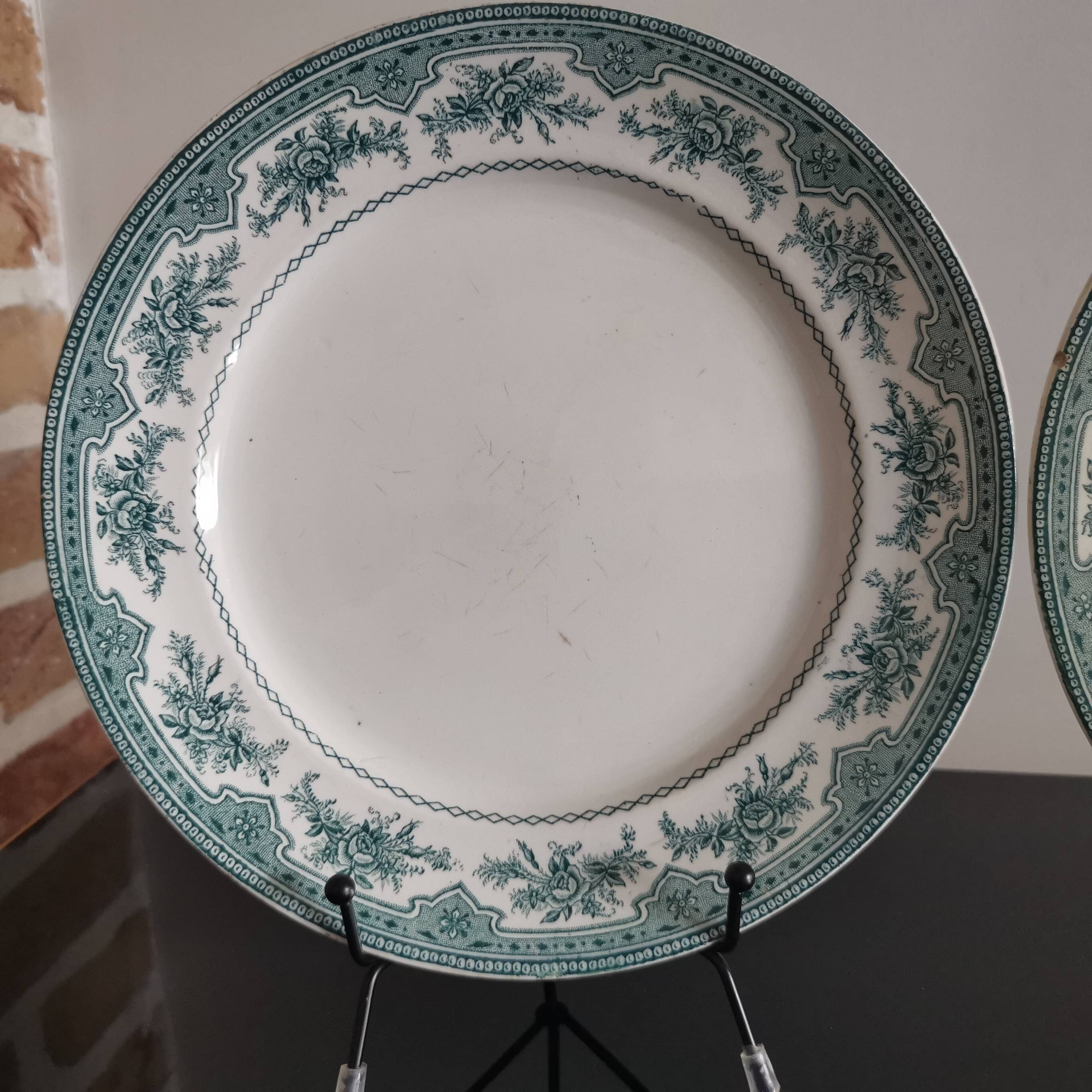 Assiettes plates Terre de Fer faïencerie d'Onnaing modèle "Roses Mousses" fin XIXème
