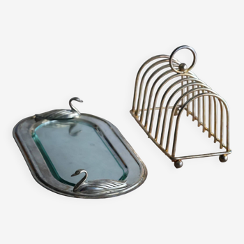Foie gras presentation service dish in metal and glass and its toast holder