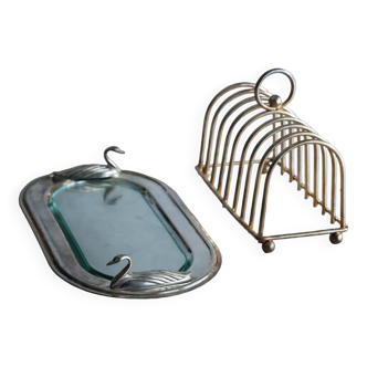 Foie gras presentation service dish in metal and glass and its toast holder