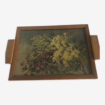 Scandinavian wooden tray with signed watercolor
