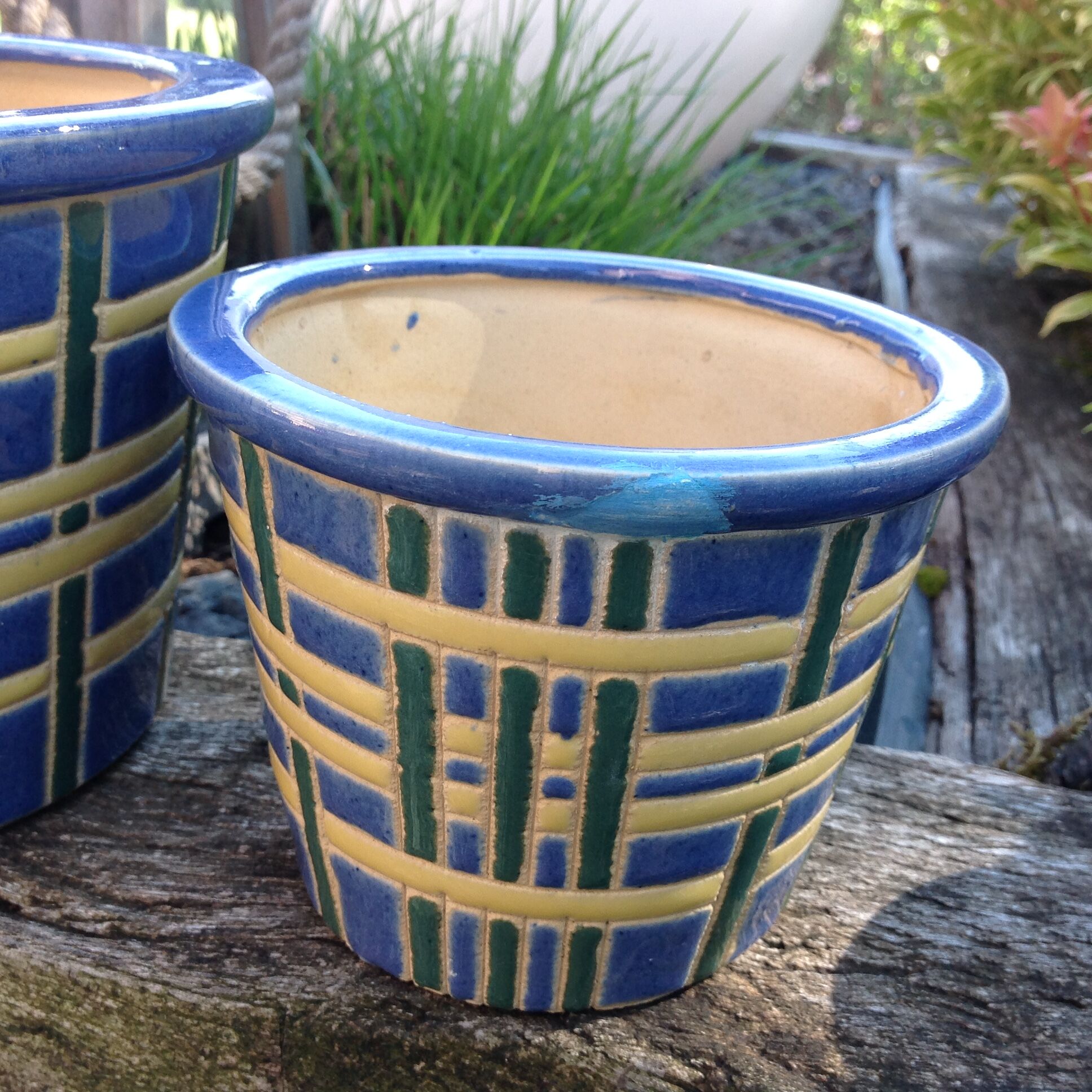 Suite of three cache pots in blue ceramic / vintage 70s-80s