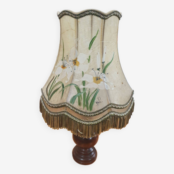Lampe de chevet bois avec abajour fleur blanche et jaune
