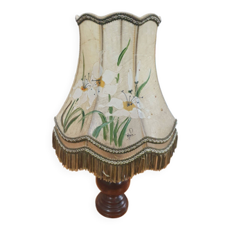 Wooden bedside lamp with white and yellow flower shade