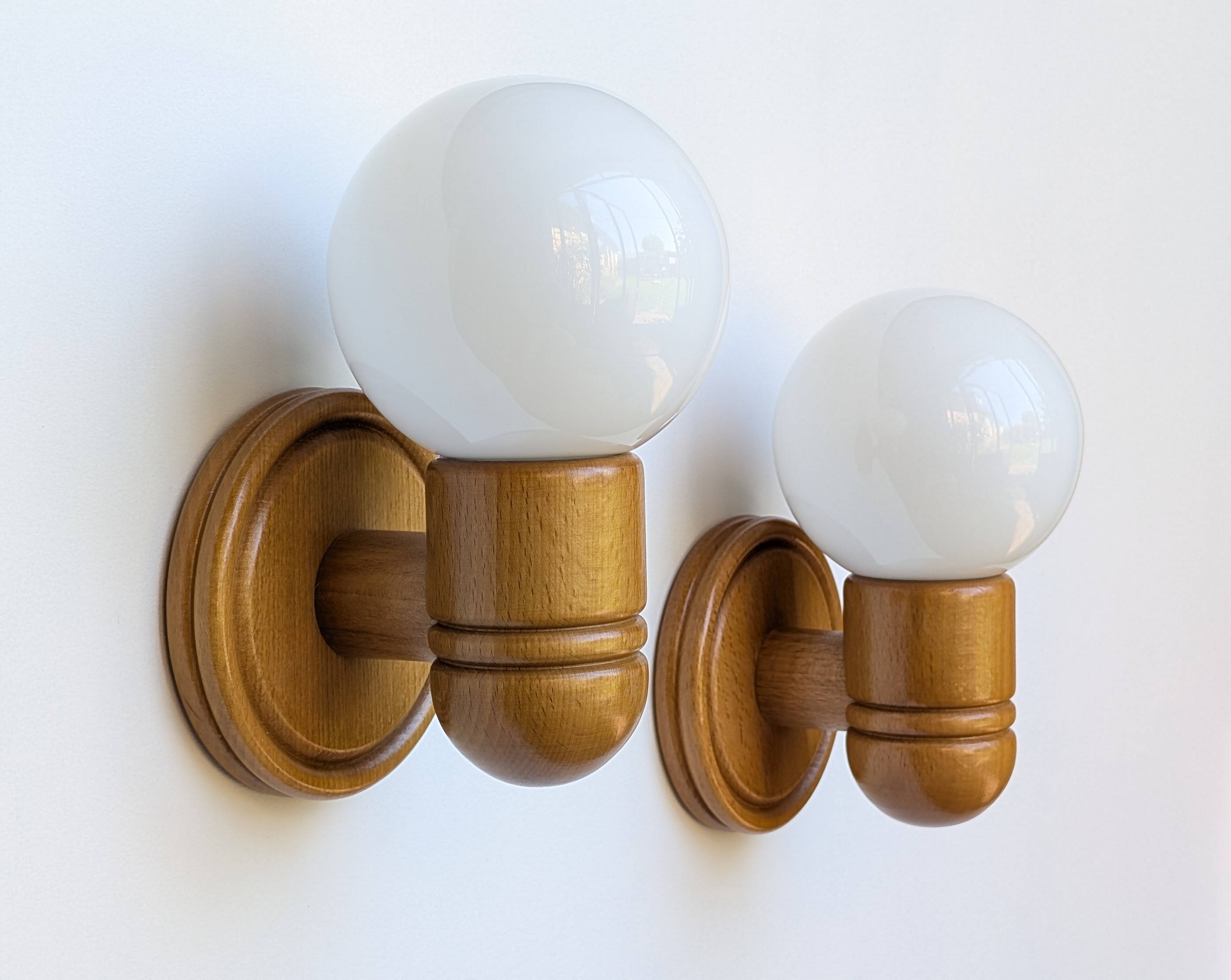 Pair of pine and opaline wall lights