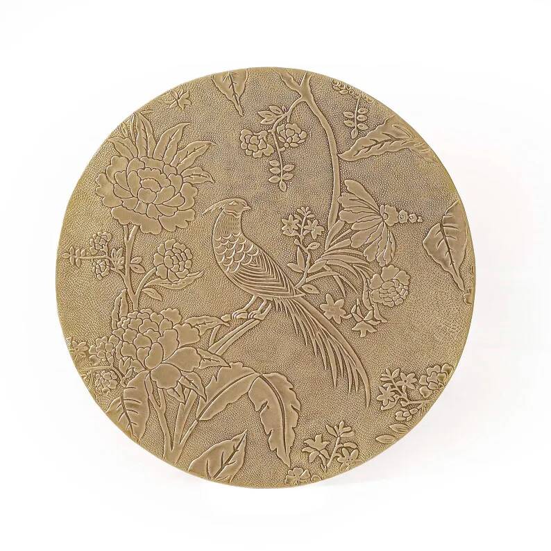 Side table with handcrafted embossed brass top: luxury bohemian side table.