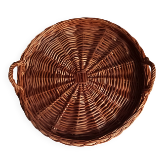 Large round dark wicker tray with two handles