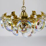 Large brass chandelier by Oscar Torlasco, rainbow optical glass rings, Italy, 1970s.