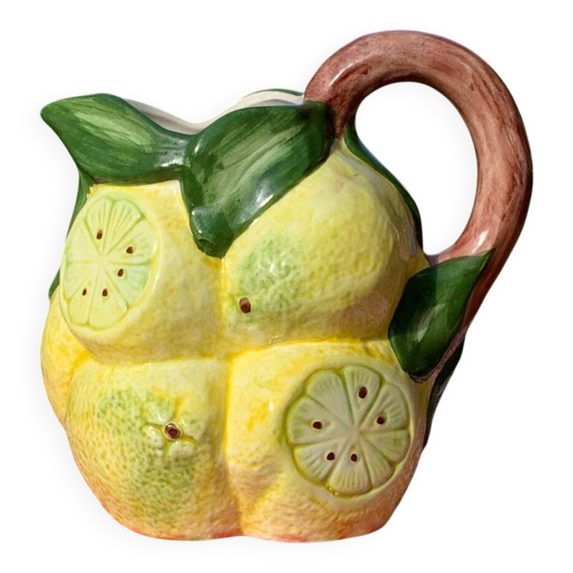 Hand-painted lemon barbotine pitcher vintage Italy