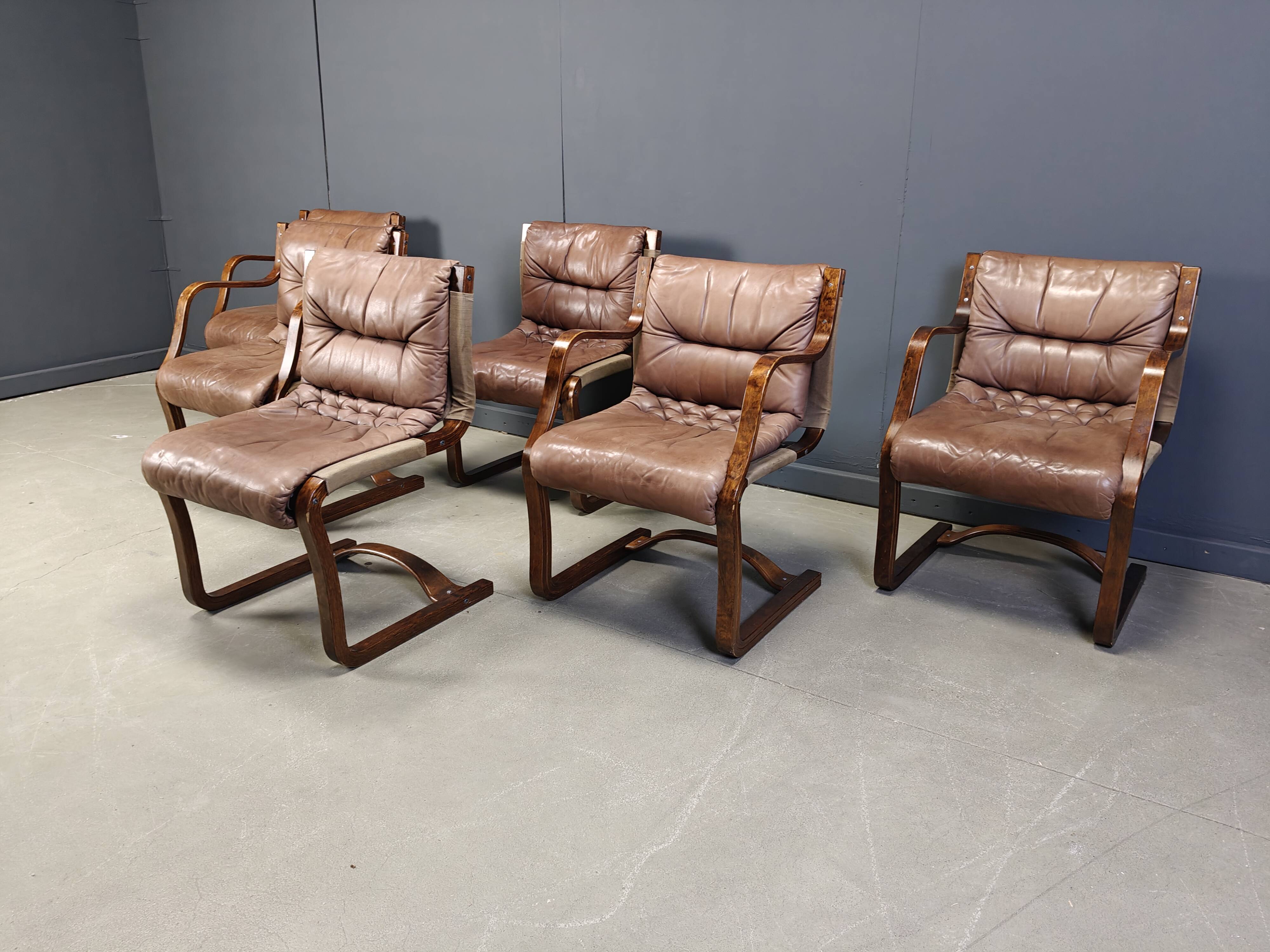 Vintage Asko Pajamies Finland Leather Plywood chairs, set of 6 - 1970s