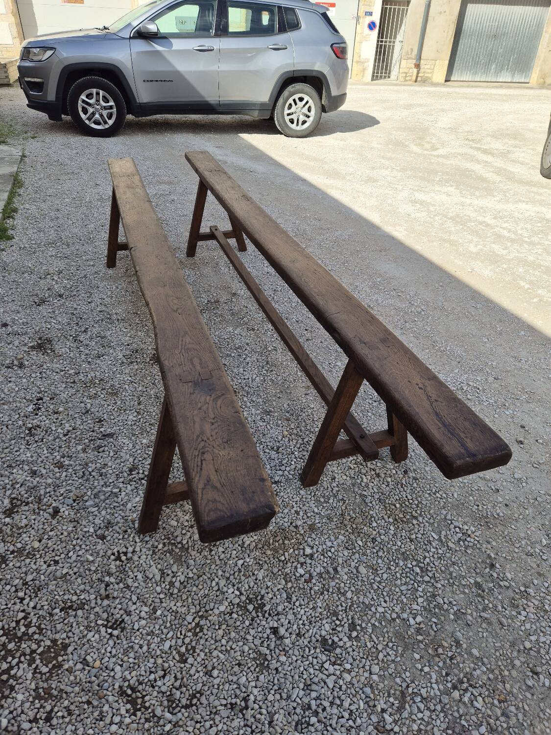 Pair of rustic solid oak farm benches 19th century - 2m90