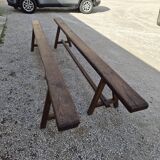 Pair of rustic solid oak farm benches 19th century - 2m90