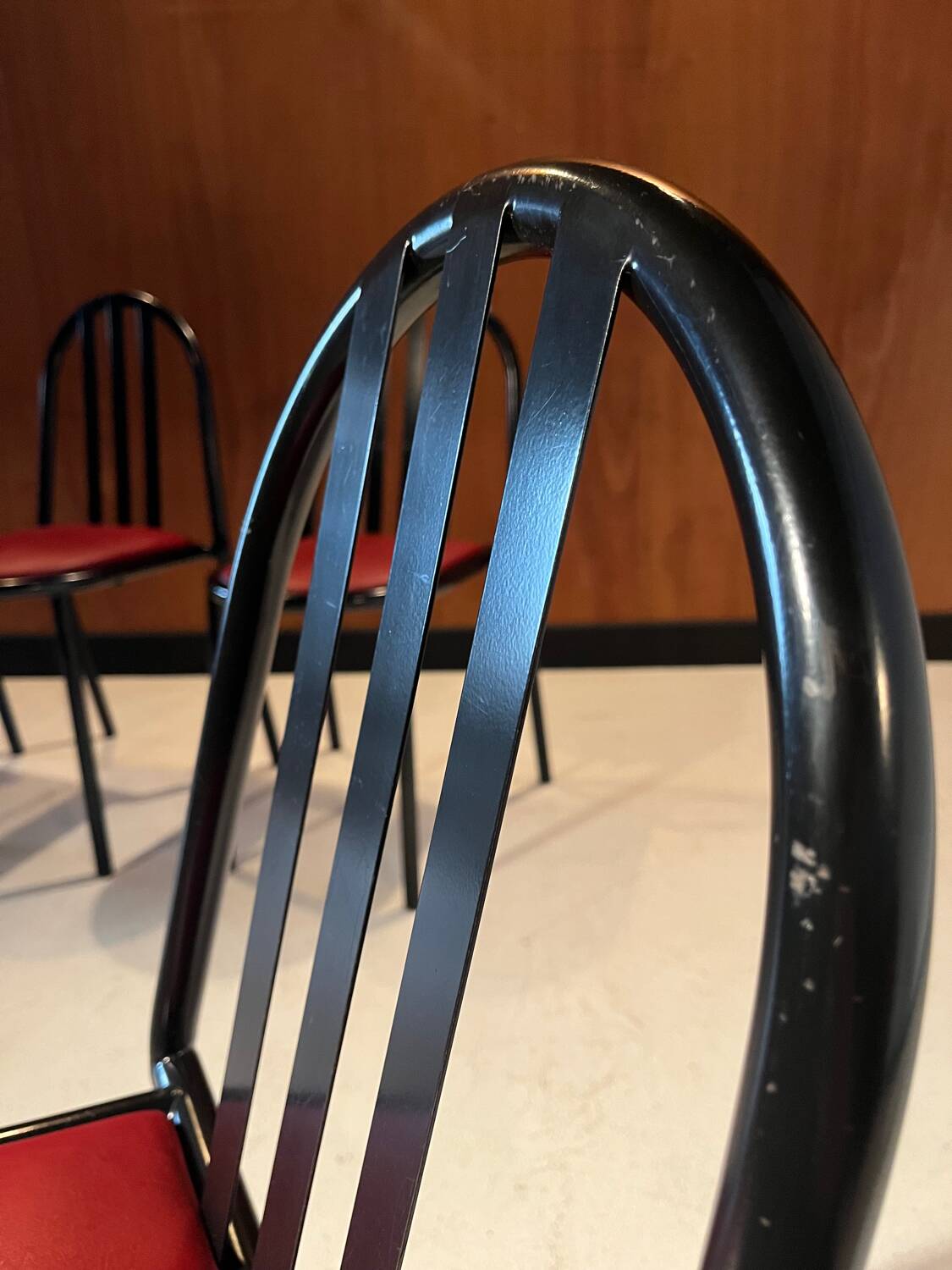 4 leather and steel chairs, designed by Robert Mallet-Stevens