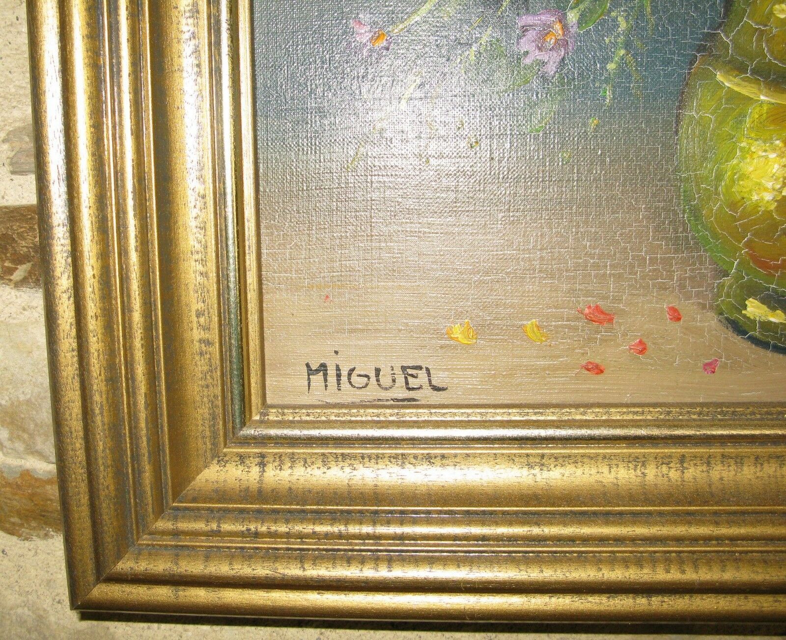 Table oil on canvas, bouquet of flowers of the fields signed Miguel