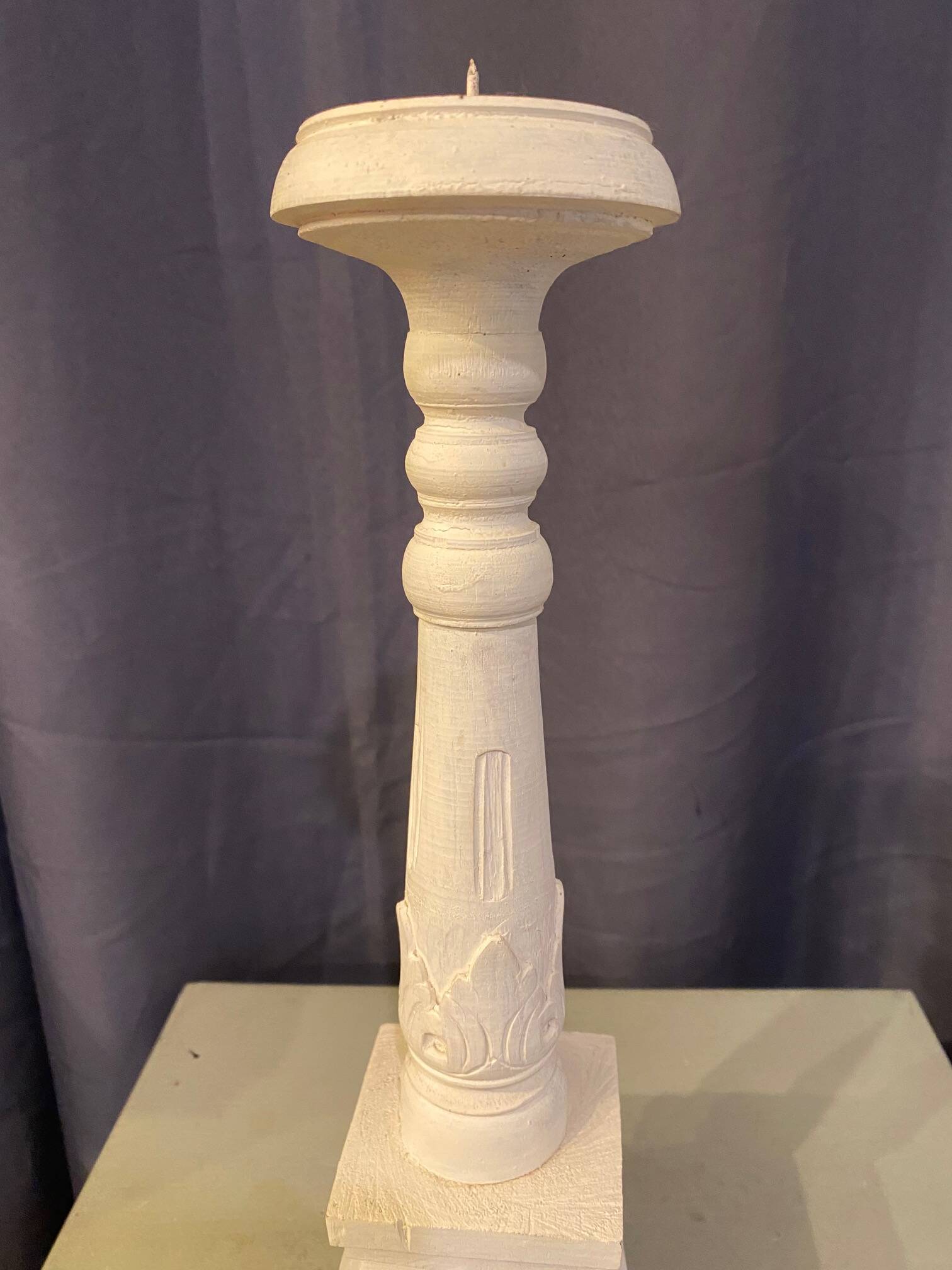 Large table candle holder candlestick in white patina wood for round candle