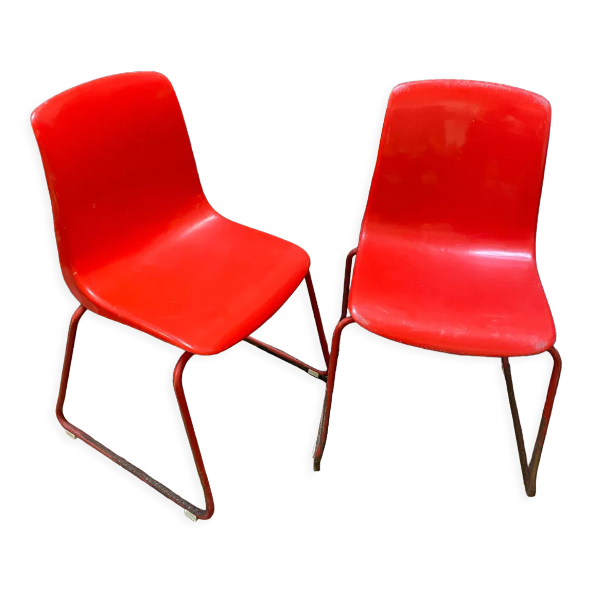 Duo of vintage Grofilex kindergarten children's chairs in red plastic