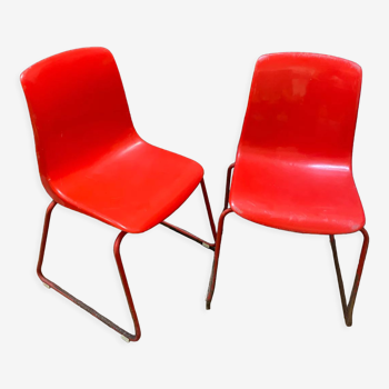 Duo de chaises vintage enfant maternelle Grofilex en plastique rouge