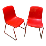 Duo of vintage Grofilex kindergarten children's chairs in red plastic