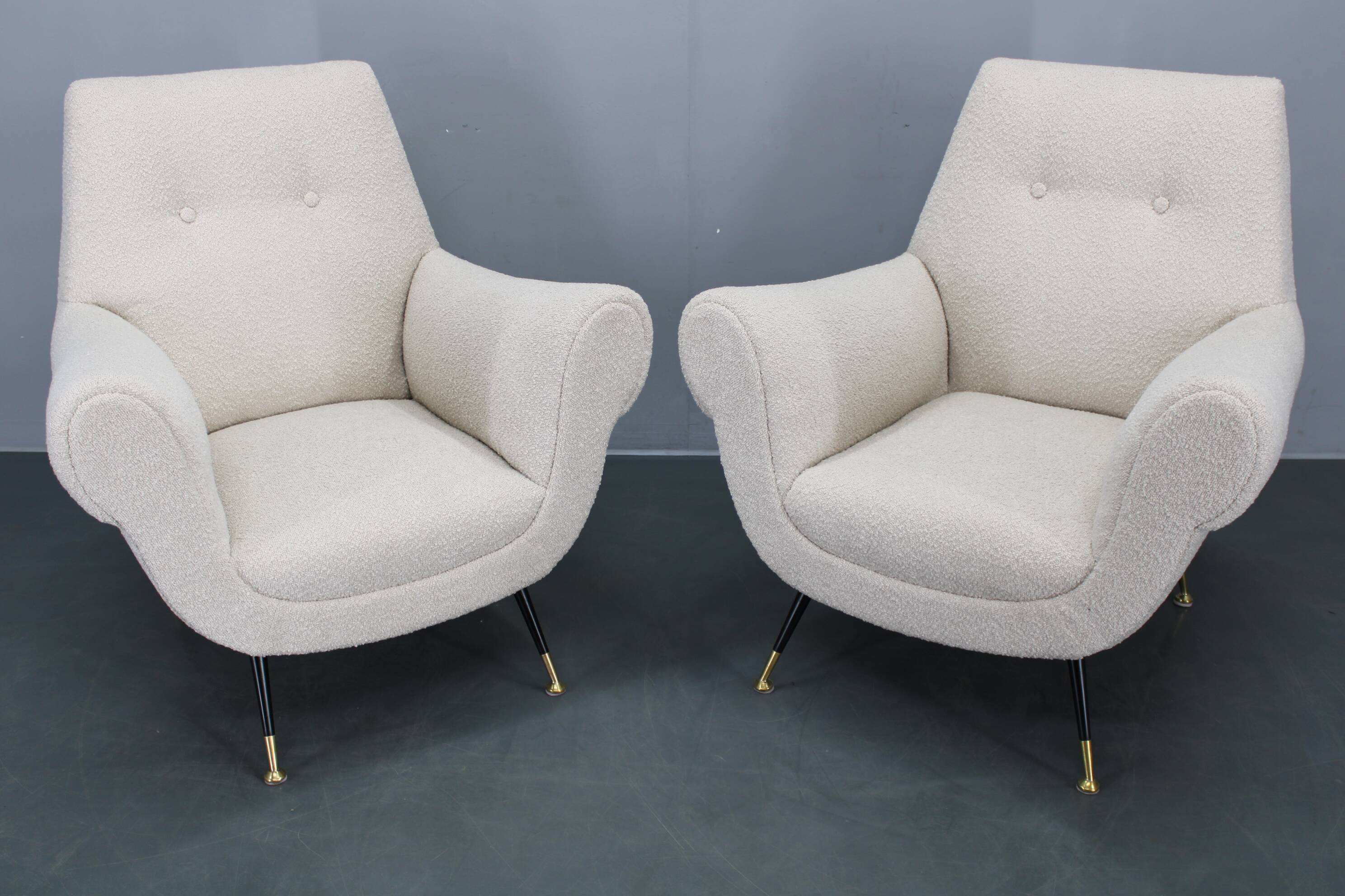 Pair of Italian mid-century boucle armchairs, iron & brass legs, 1950s