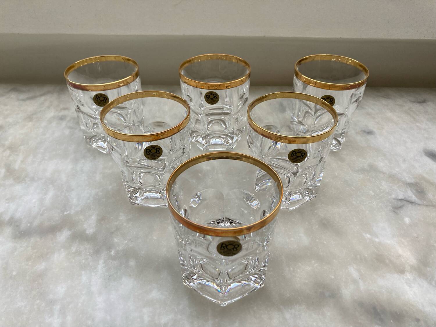 Set of 6 RCR lead crystal whisky glasses, 24% ABV, Italy