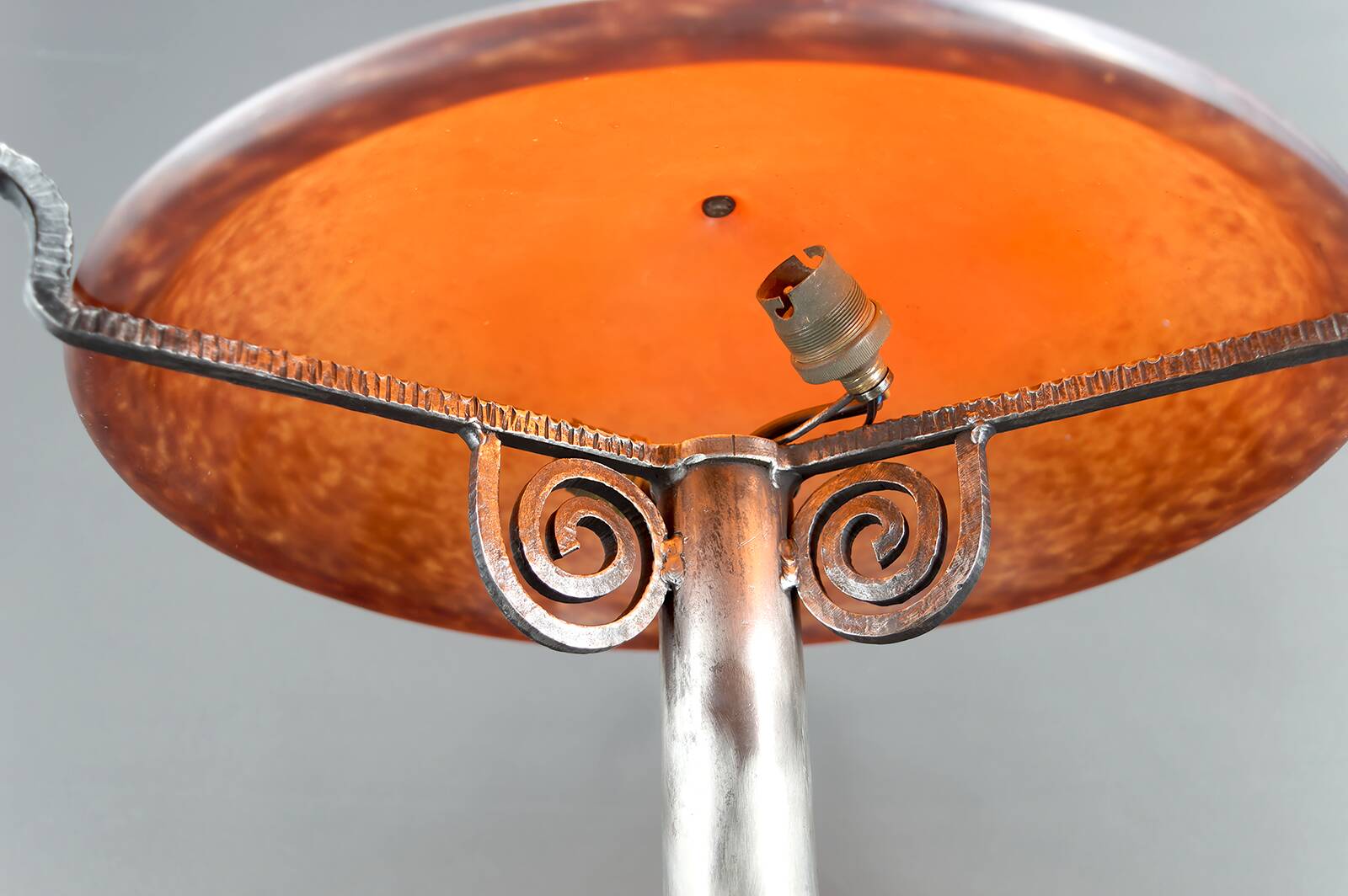 Important Stylized Wrought Iron Lamp with Glass Dome, c. 1930