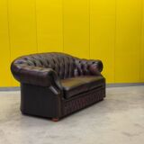 Original English Chesterfield 2-Seater Sofa - Vintage Oxblood Leather