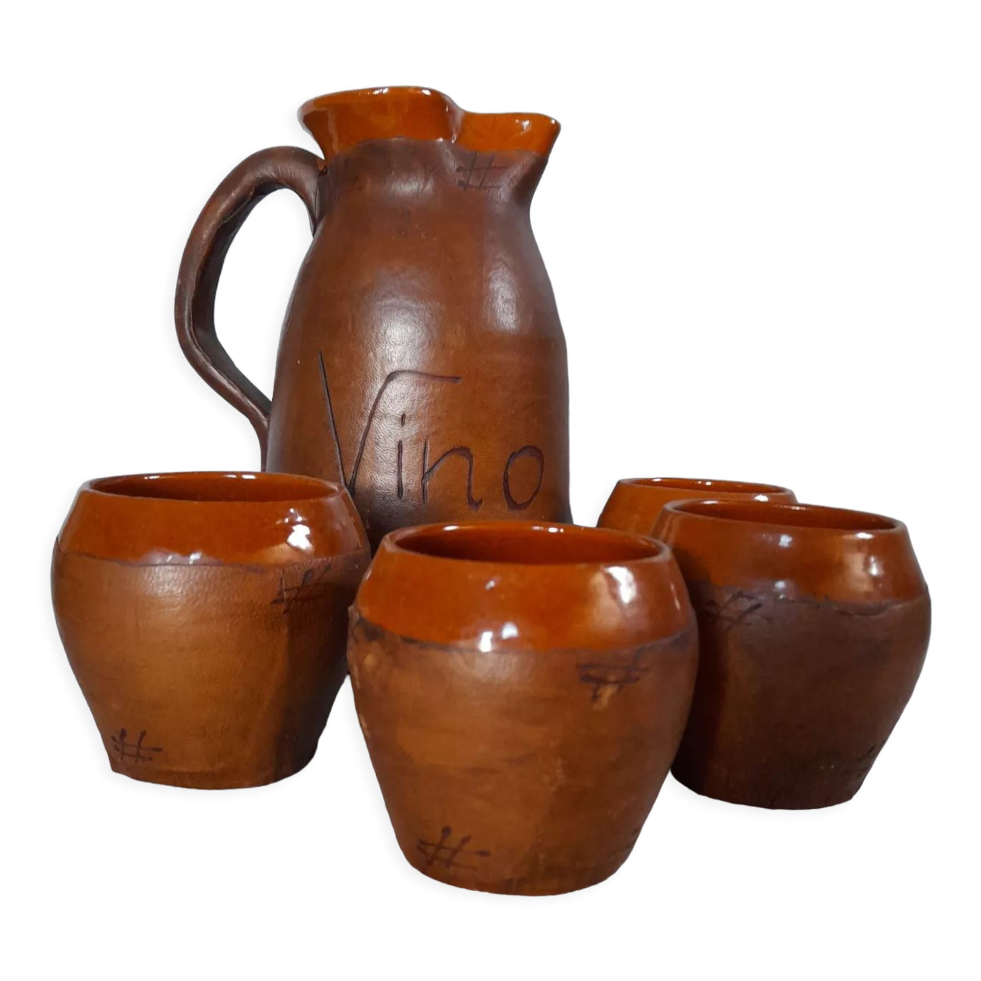 Pitcher & ceramic and leather glass set by Artesania Raymon, Spain 1950