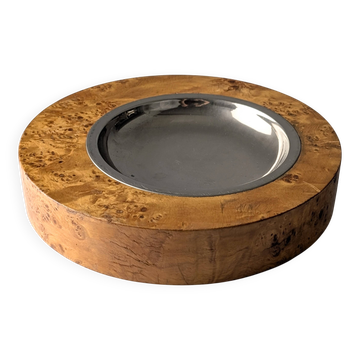 Italian Burl Wood & Steel Ashtray in the Style of Tomasso Barbi, 1970s