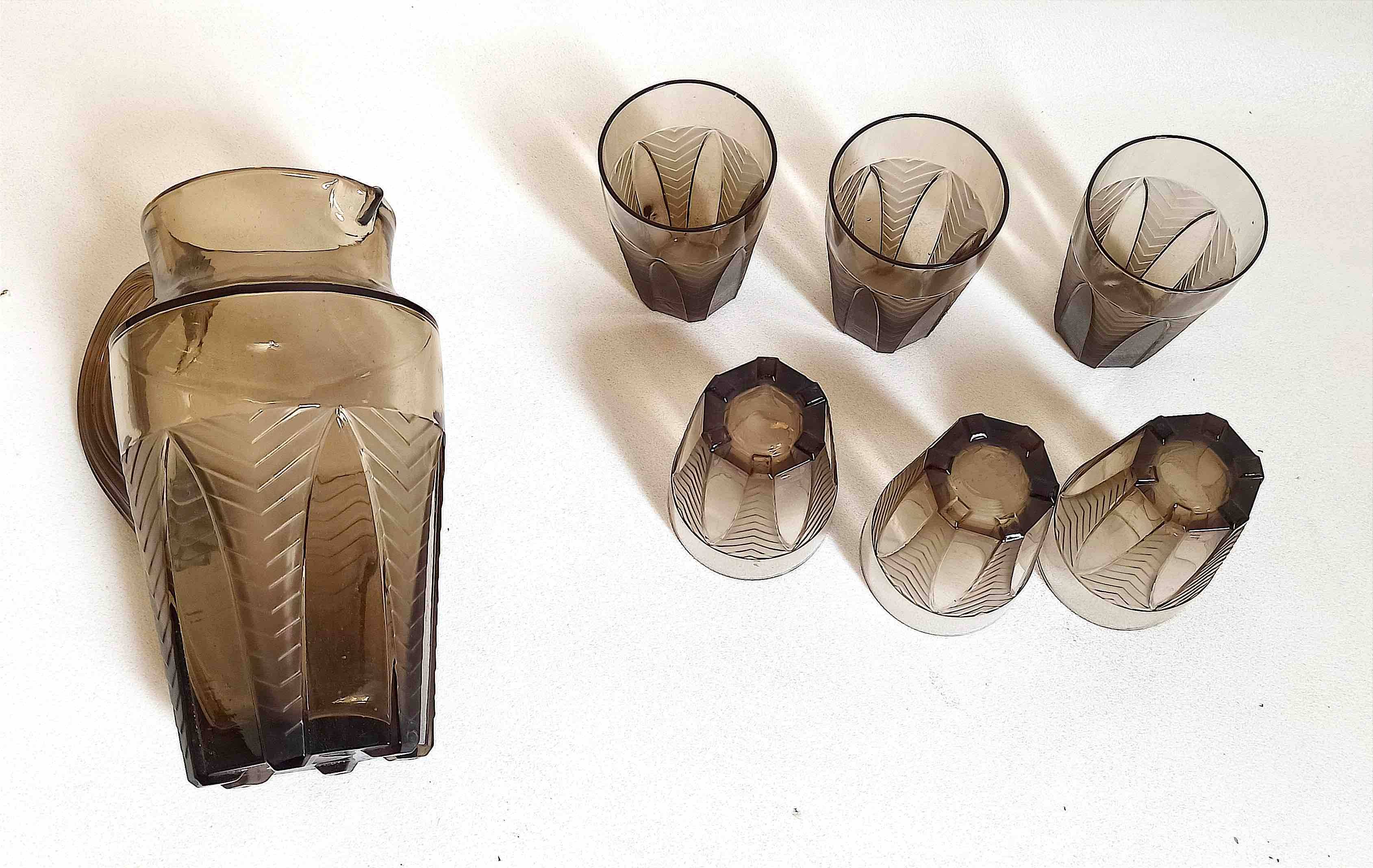 Orangeade or lemonade service Pitcher + 6 Art Deco glasses