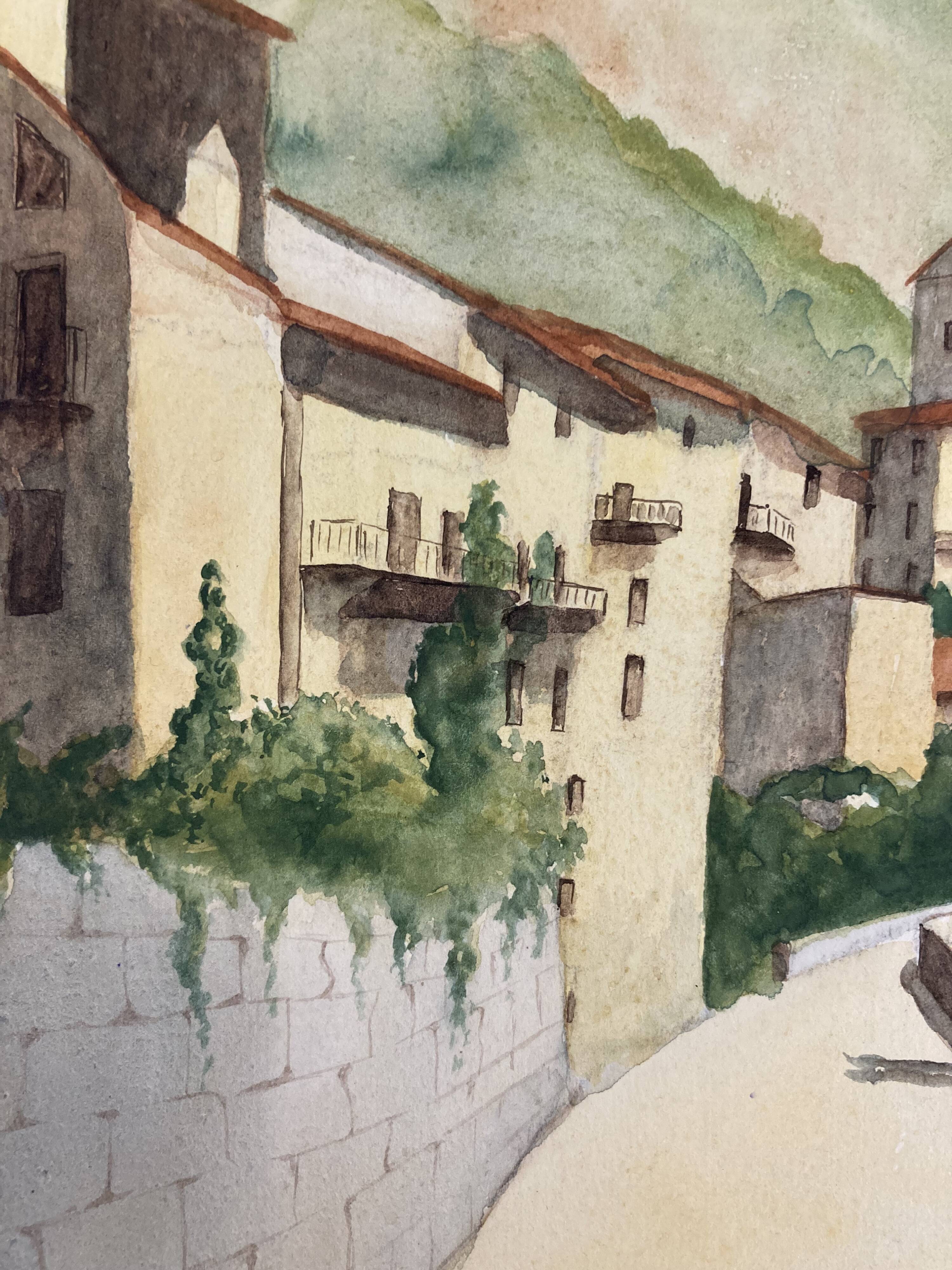 Signed watercolor of landscape with bell tower
