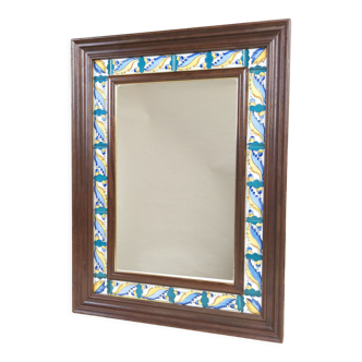 Mirror with wooden frame and painted ceramic tiles