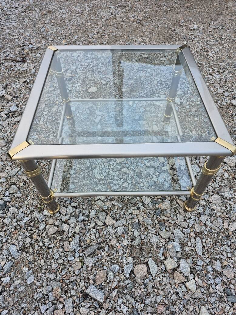 Hollywood Regency side table 1970 brushed metal and gold