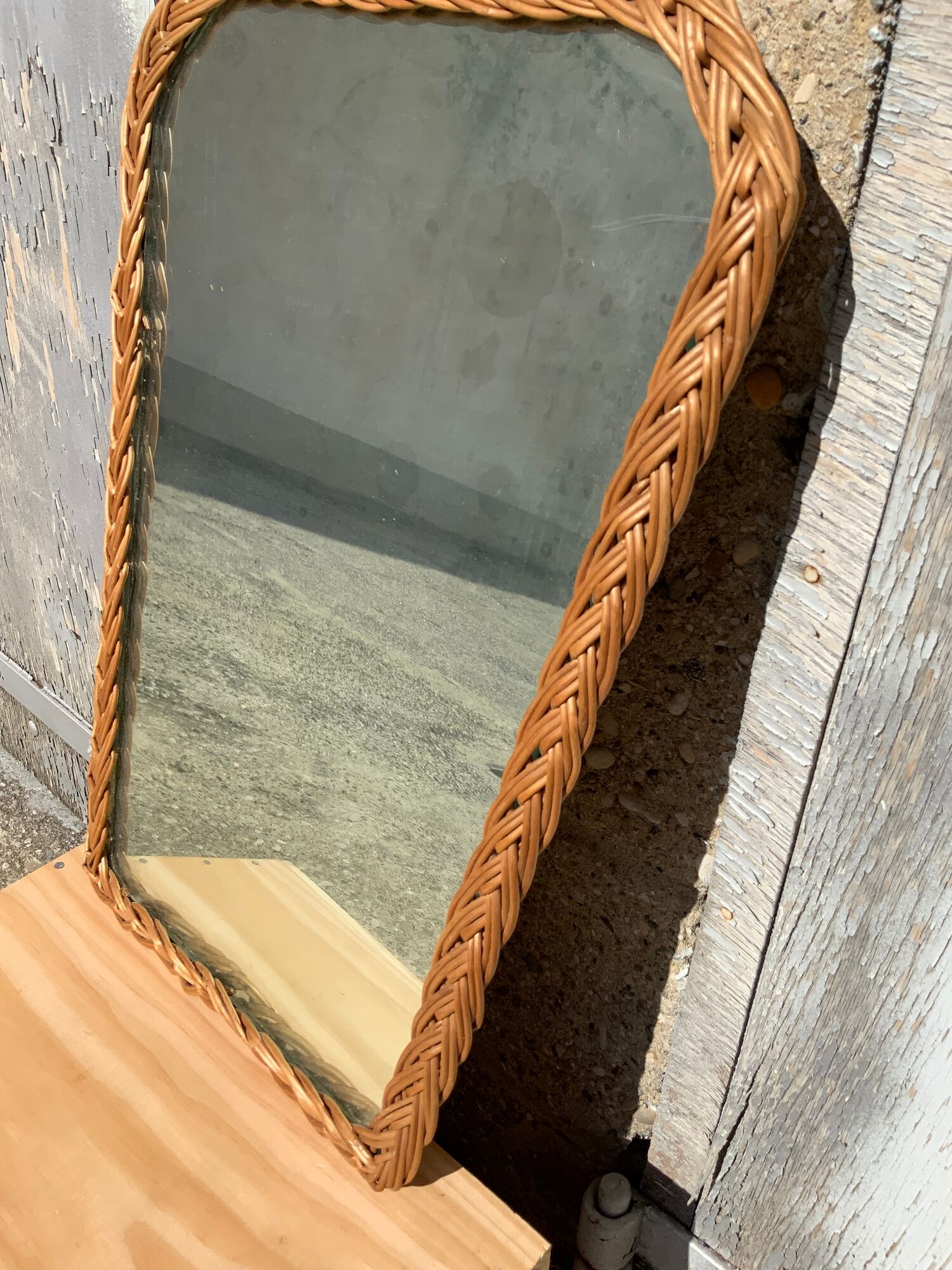 Antique mirror in rattan and wood shape mirror vintage braided wicker