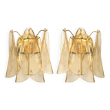 Set of Two Amber “Rondini” Murano Glass Gold Wall Sconces in Mazzega Style