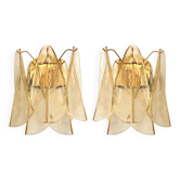 Set of Two Amber “Rondini” Murano Glass Gold Wall Sconces in Mazzega Style