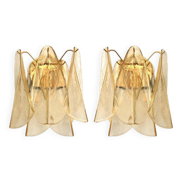 Set of Two Amber “Rondini” Murano Glass Gold Wall Sconce in Mazzega Style